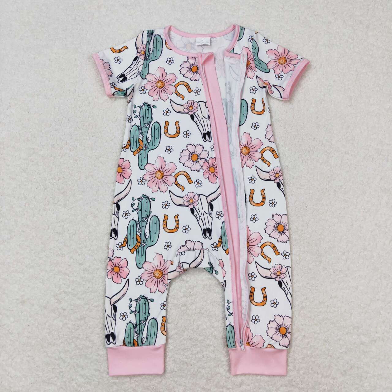 Baby Girl Short Sleeves Cow Cactus Floral Zipper Pink One Piece Romper