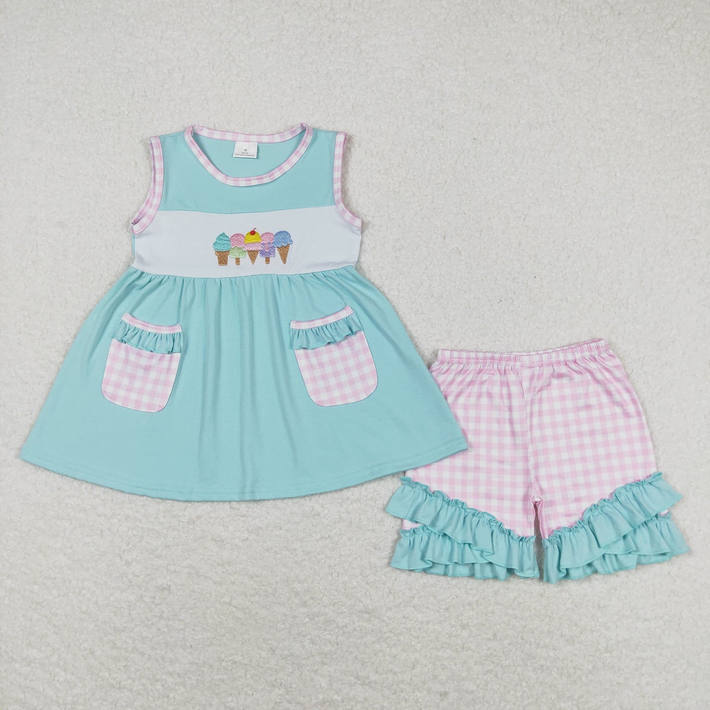Baby Girl Sleeveless Pocket Embroidery Popsicle Blue Dress