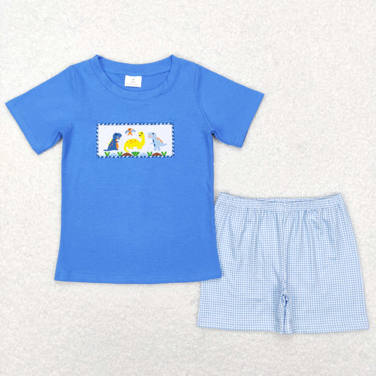 BSSO0293 Baby Boy Short Sleeves Embroidery Dinosaurs Shirt Plaid Shorts Blue Outfit