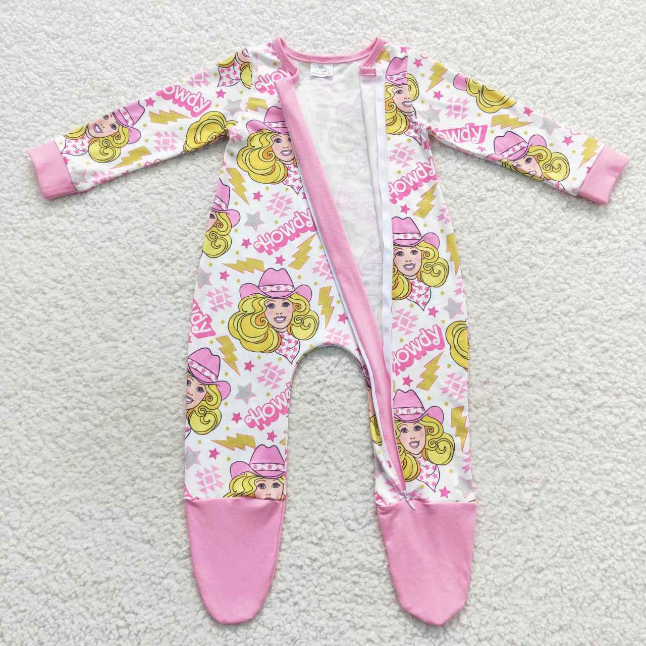 LR0545 Baby Girl Long Sleeves Howdy Pink Doll One Piece Zipper Footie Romper