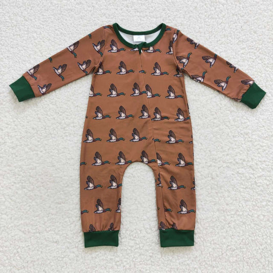 LR0524 Baby Boy Long Sleeves Ducks One Piece Zipper Romper