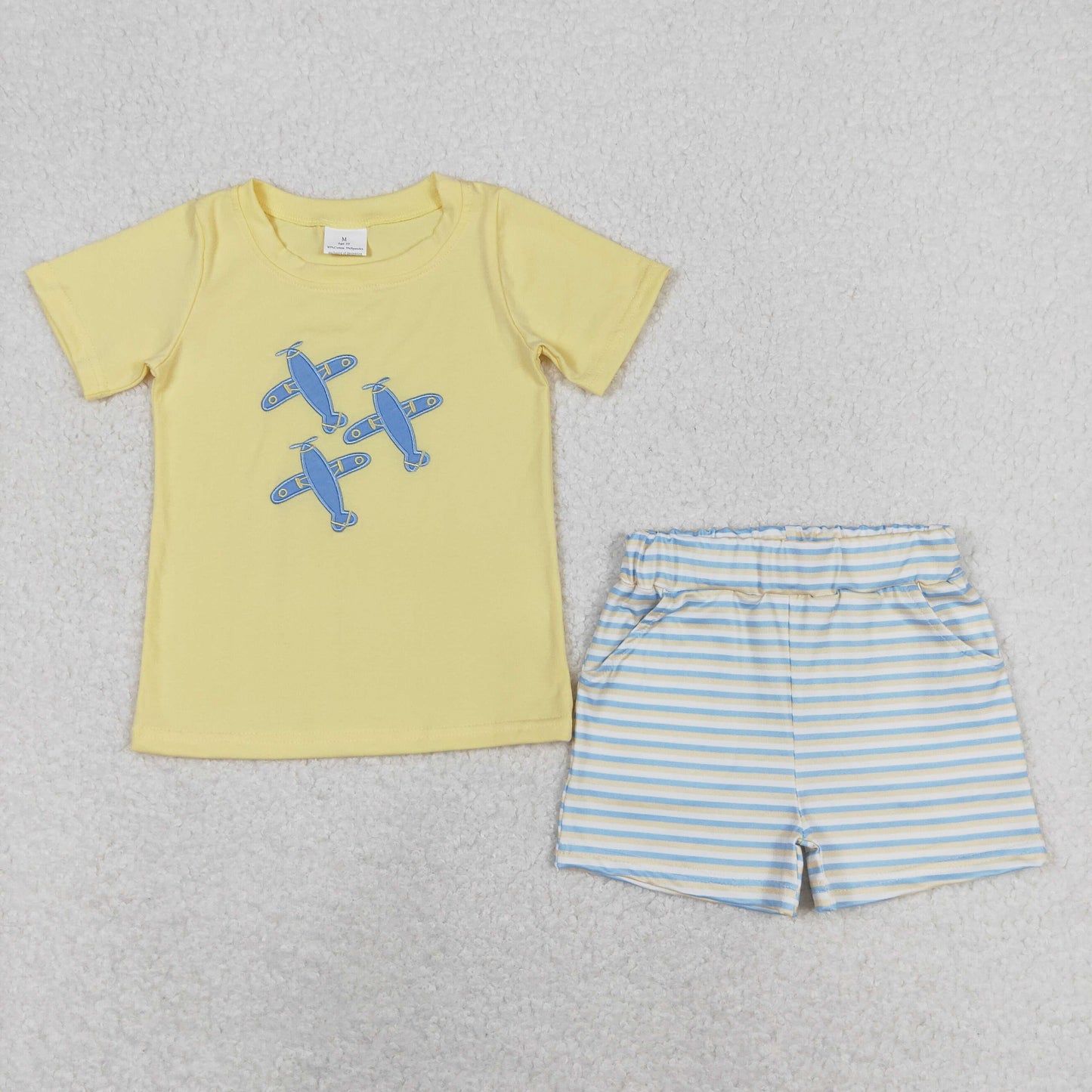 Baby Boy Short Sleeves Embroidery Plane Yellow Shirt Stripes Pocket Shorts Set