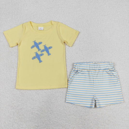 Baby Boy Short Sleeves Embroidery Plane Yellow Shirt Stripes Pocket Shorts Set