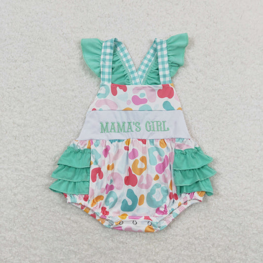 Short Sleeves Embroidery Mama's Girl Leopard Green Ruffle Bubble One Piece Romper