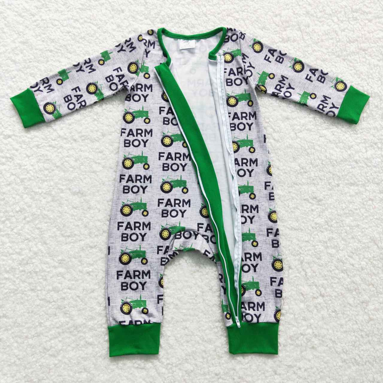 LR0688 Baby Boy Long Sleeves Farm Boy Tractor Zipper One Piece Romper