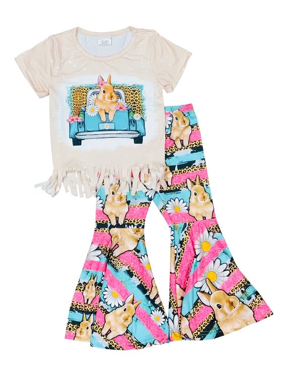 Moq 3 Pre-order GSPO1154 Baby Girl Easter Rabbit Tassel Shirt Floral Bell Pants Set
