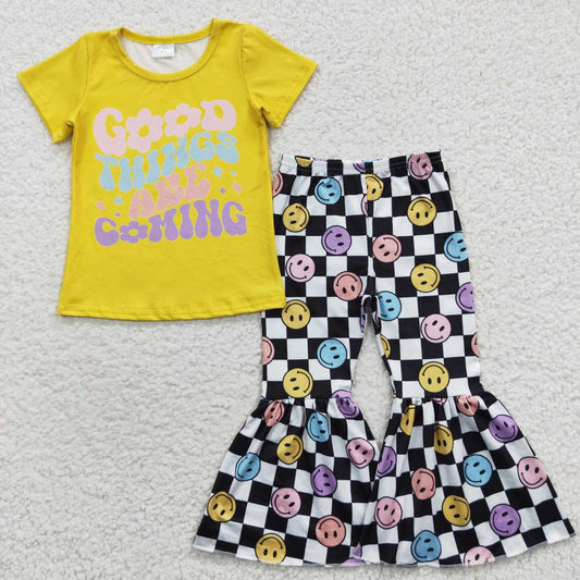 GSPO0685 Baby Kids Short Sleeves Smile Bell Pants Outfit