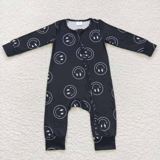 LR0654 Baby Boy Long Sleeves Black Smile Zipper One Piece Romper