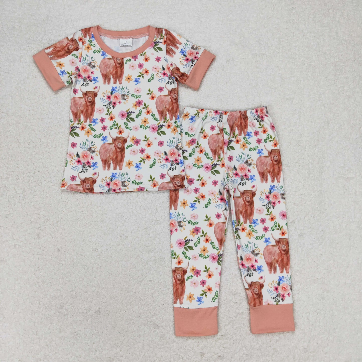 Baby Girl Short Sleeves Highland Cow FLoral Shirt Pants Pajama Set