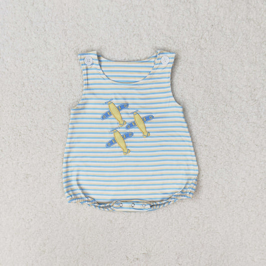 Baby Boy Sleeveless Embroidery Plane Stripes One Piece Romper