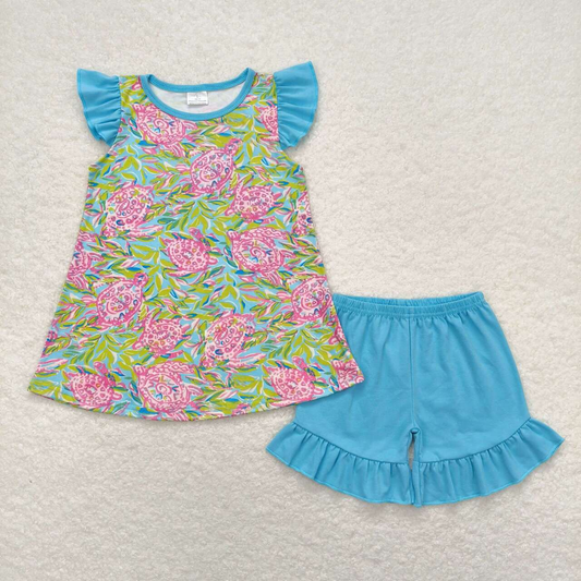Baby Girl Short Sleeves Turtles Tops Blue Cotton Shorts Set