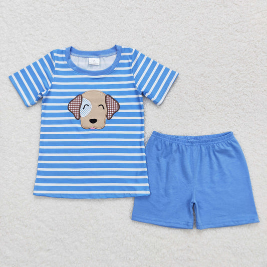 Baby Boy Short Sleeves Embroidery Dog Stripes Shirt Blue Cotton Shorts Set