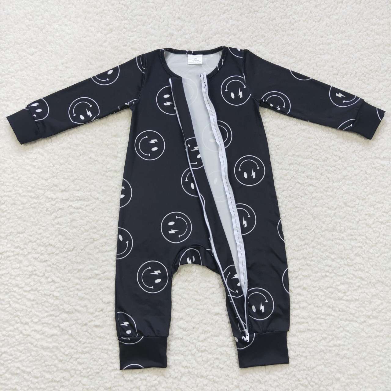 LR0654 Baby Boy Long Sleeves Black Smile Zipper One Piece Romper