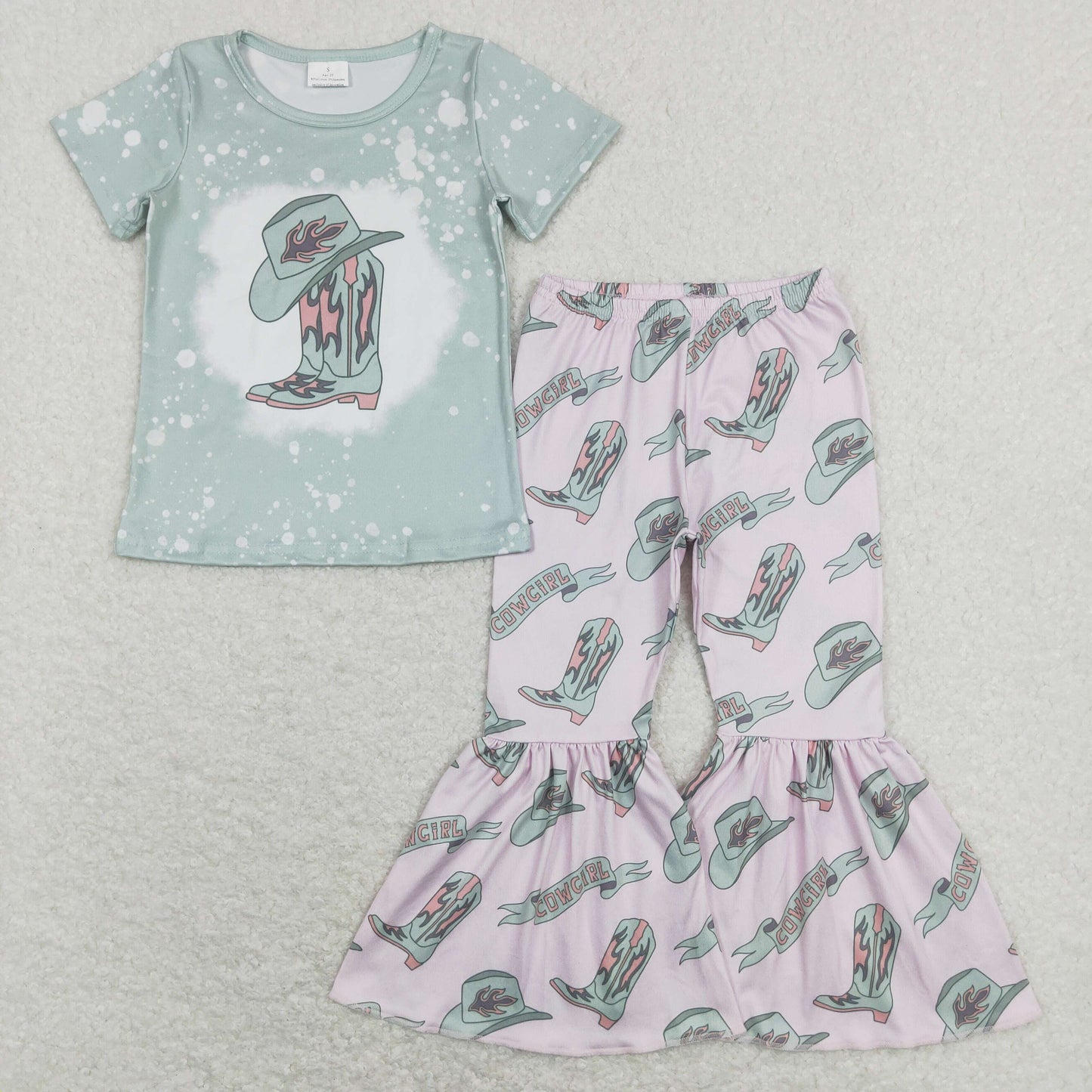 GSPO1232 Baby Girl Short Sleeves Shirt Boots Bell Pants Western Set