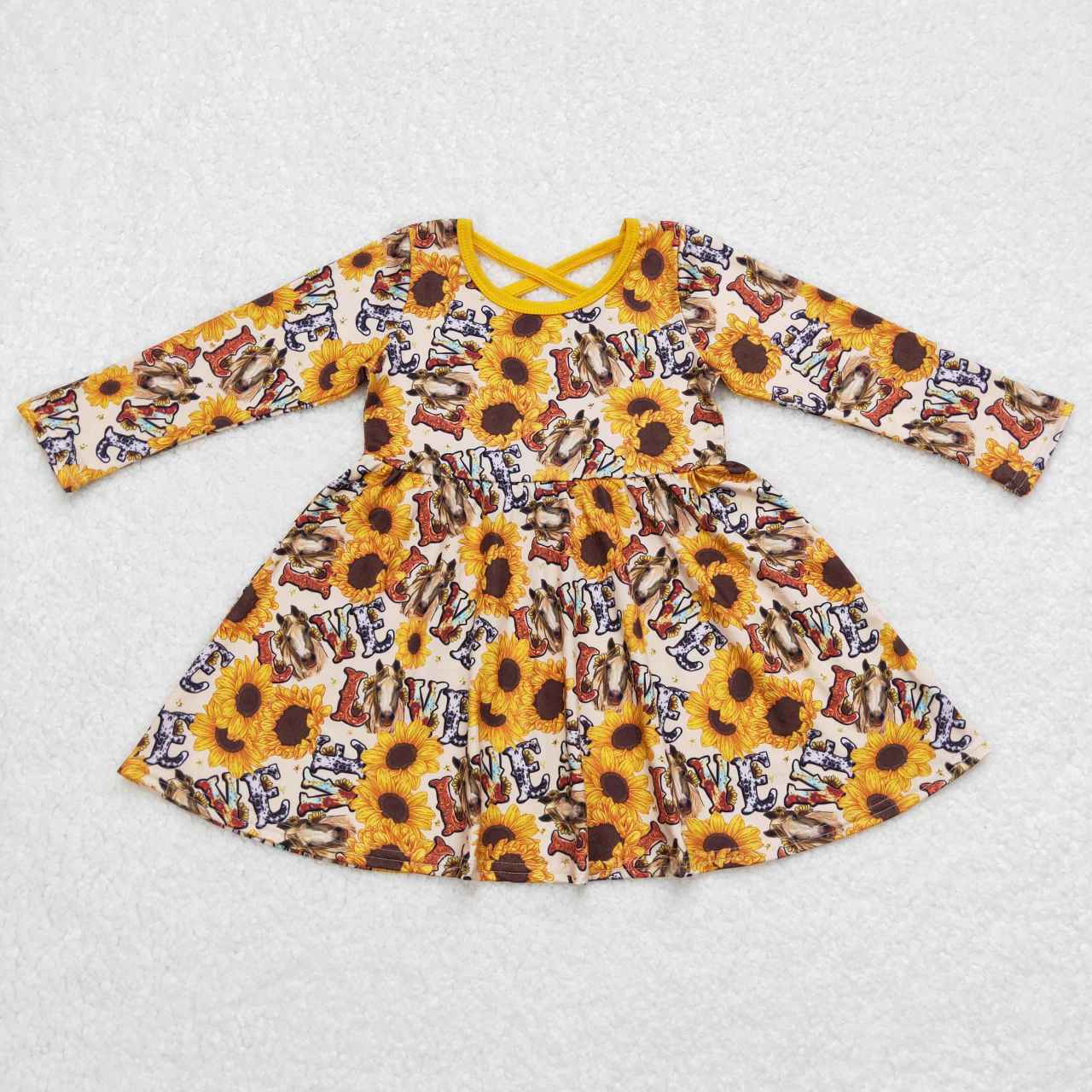 GLD0393 Baby Girl Western Long Sleeves Horse Sunflower Twirl Dress