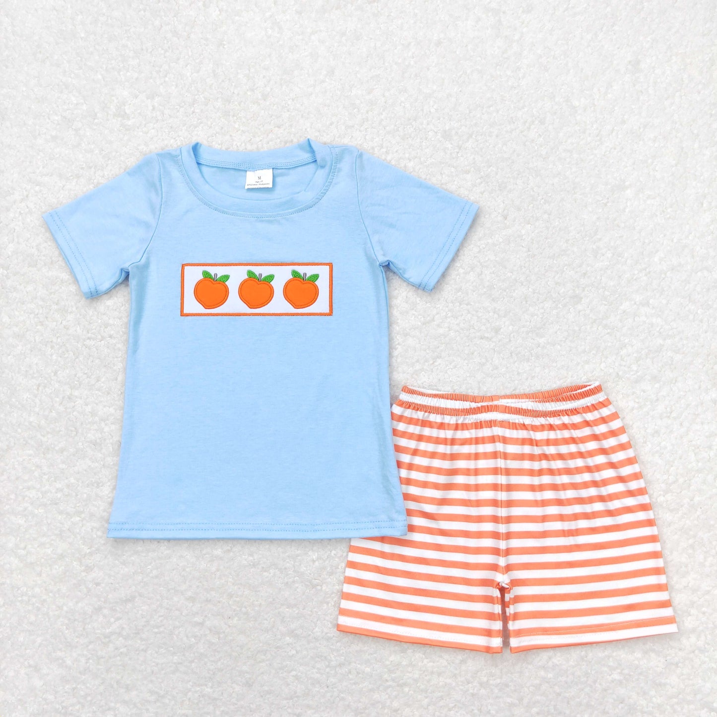 Baby Boy Blue Short Sleeves Embroidery Peaches Shirt Stripes Shorts Summer Set