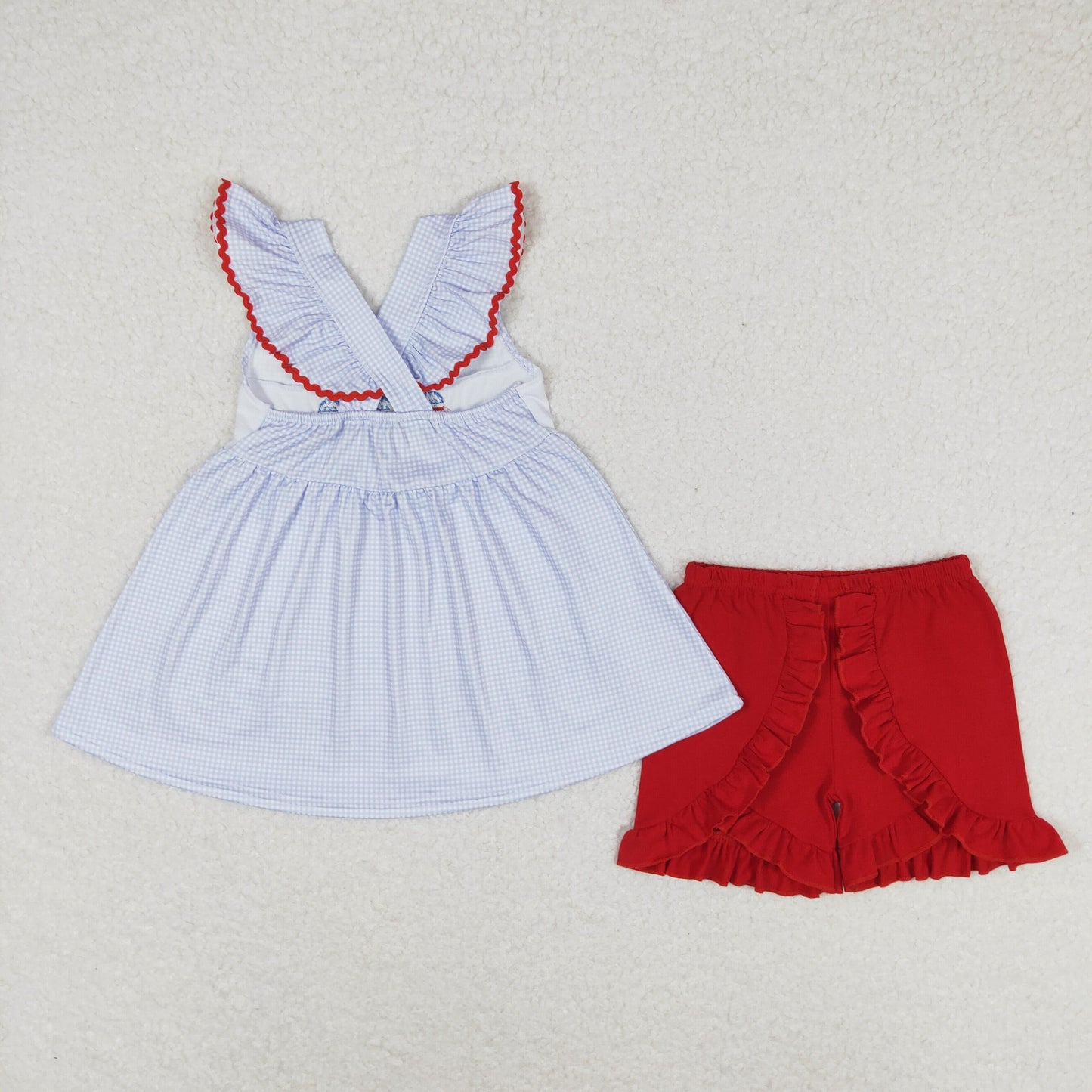 Baby Girl Embroidery Popsicles Blue Plaid Tops Red Shorts Set