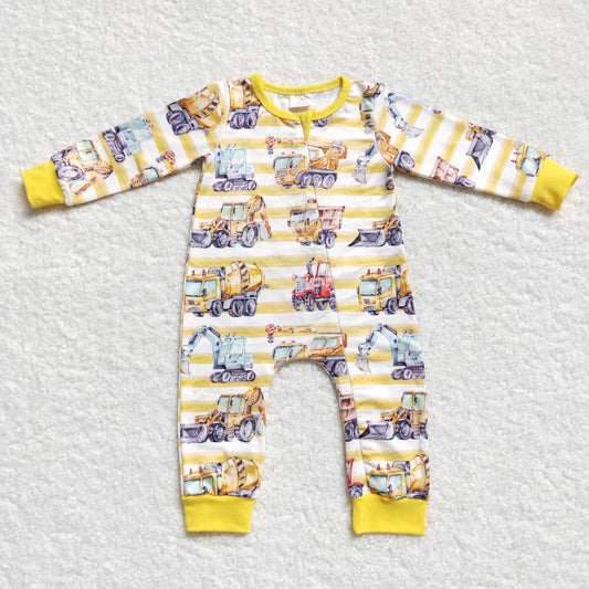 LR0569 Baby Boy Long Sleeves Construction Stripes One Piece Zipper Romper