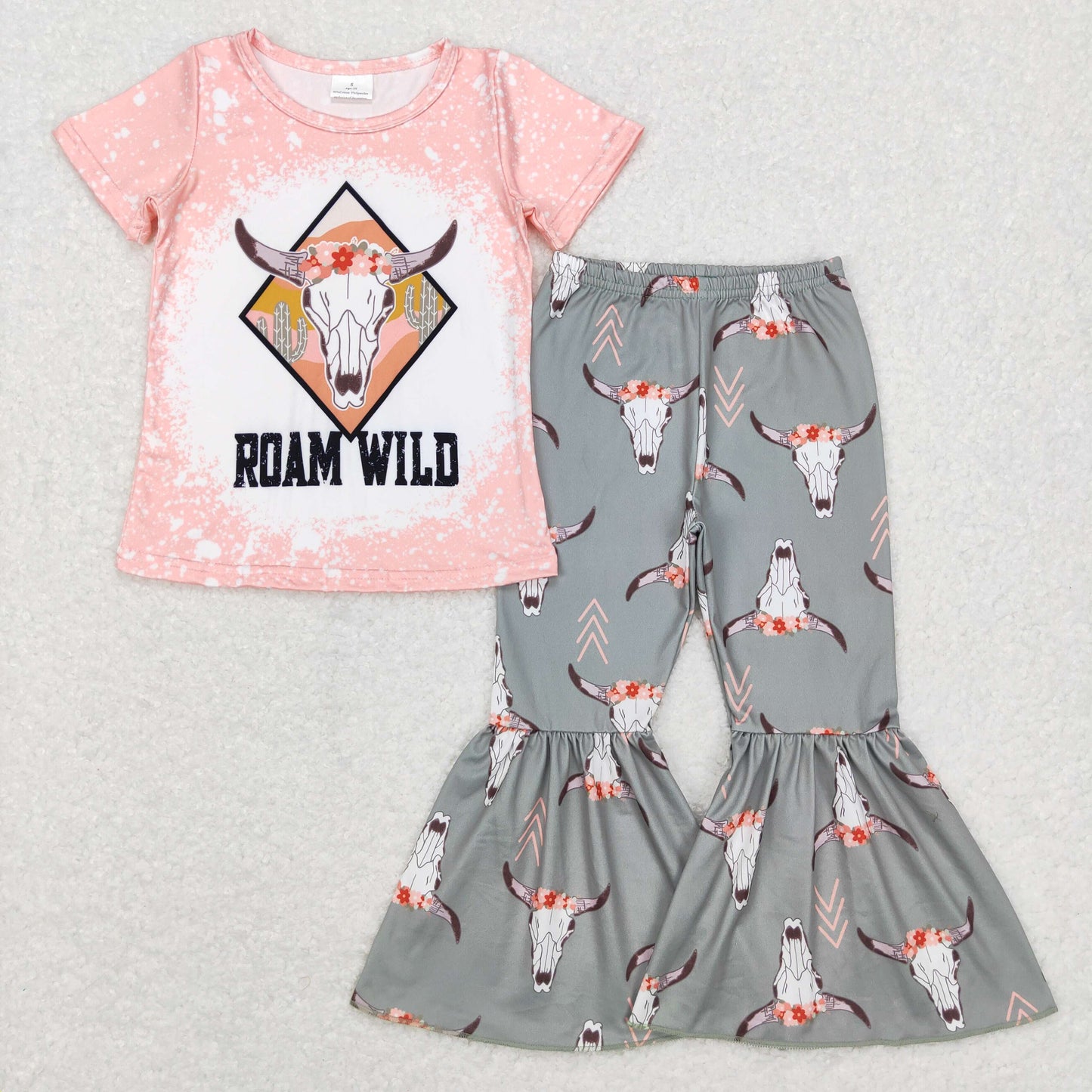 GSPO0914 Baby Girl Western Short Sleeves Cow Shirt Bell Pants Outfit