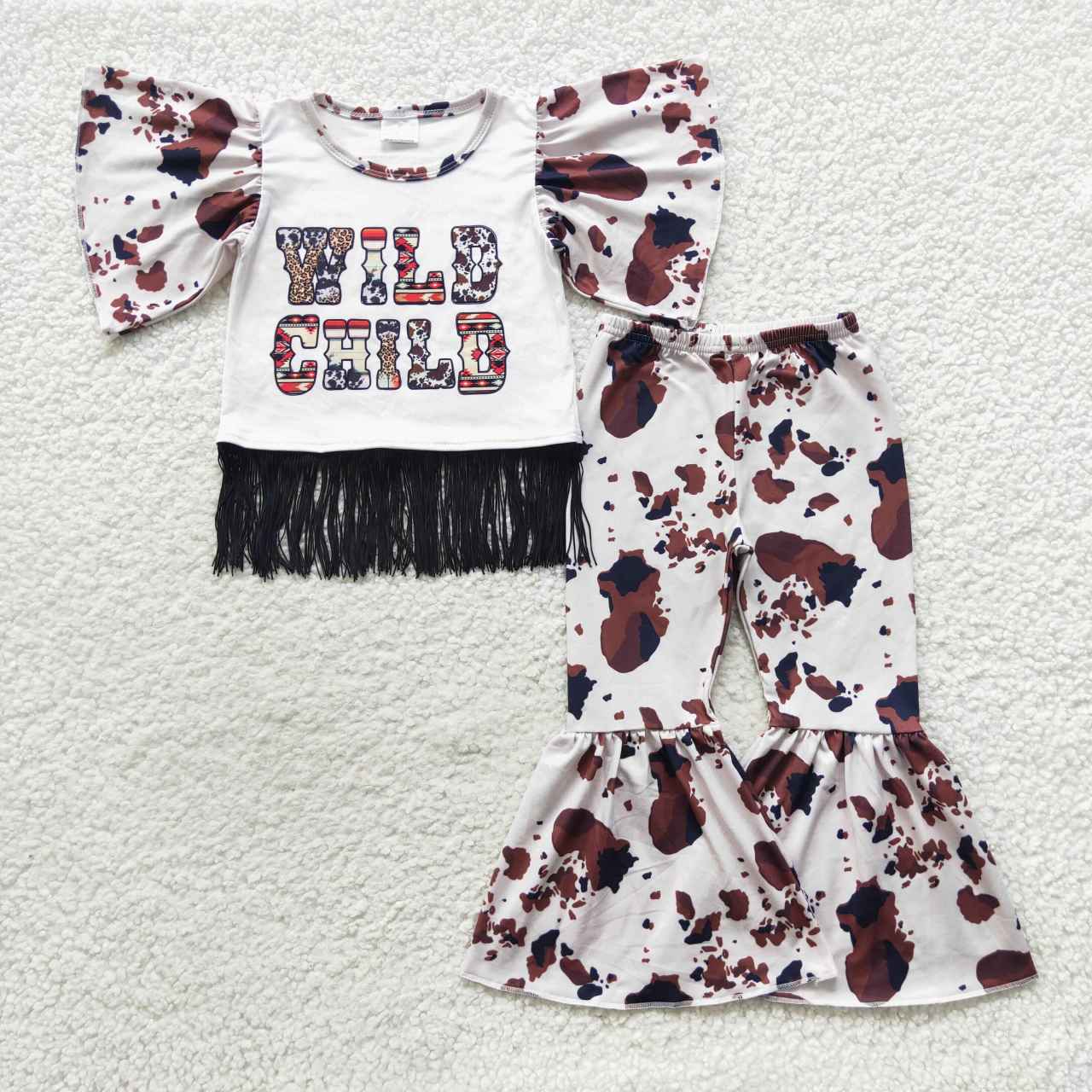 GSPO0773 Baby Girl Wild Child Tassel Shirt Cow Print Bell Pants Western Outfit
