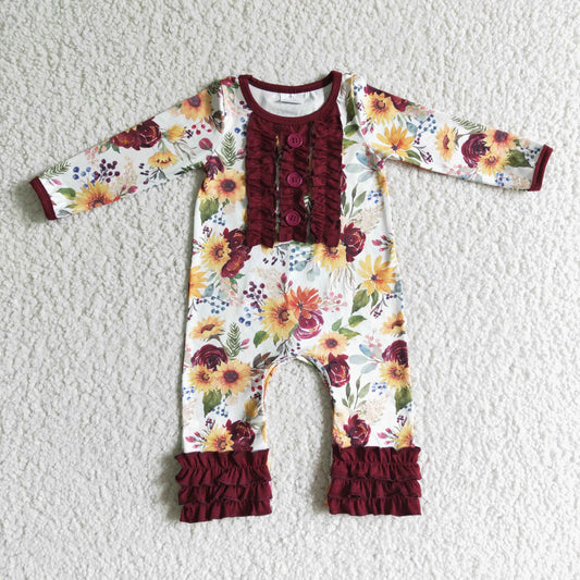 Promotion Baby Girl Long Sleeves Flower Buttons Ruffle Romper RTS