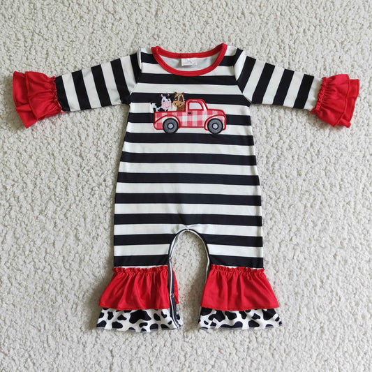Promotion Baby Girl Long Sleeves Embroidery Farm Animals Truck Stripes Romper RTS