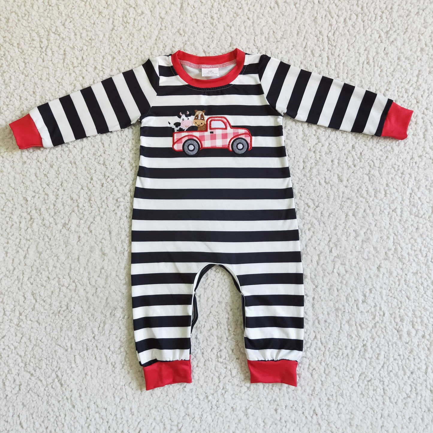 Promotion Baby Girl Long Sleeves Embroidery Farm Animals Truck Stripes Romper RTS