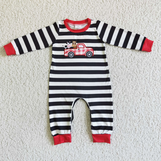 Promotion Baby Boy Long Sleeves Embroidery Farm Animals Truck Stripes Romper RTS