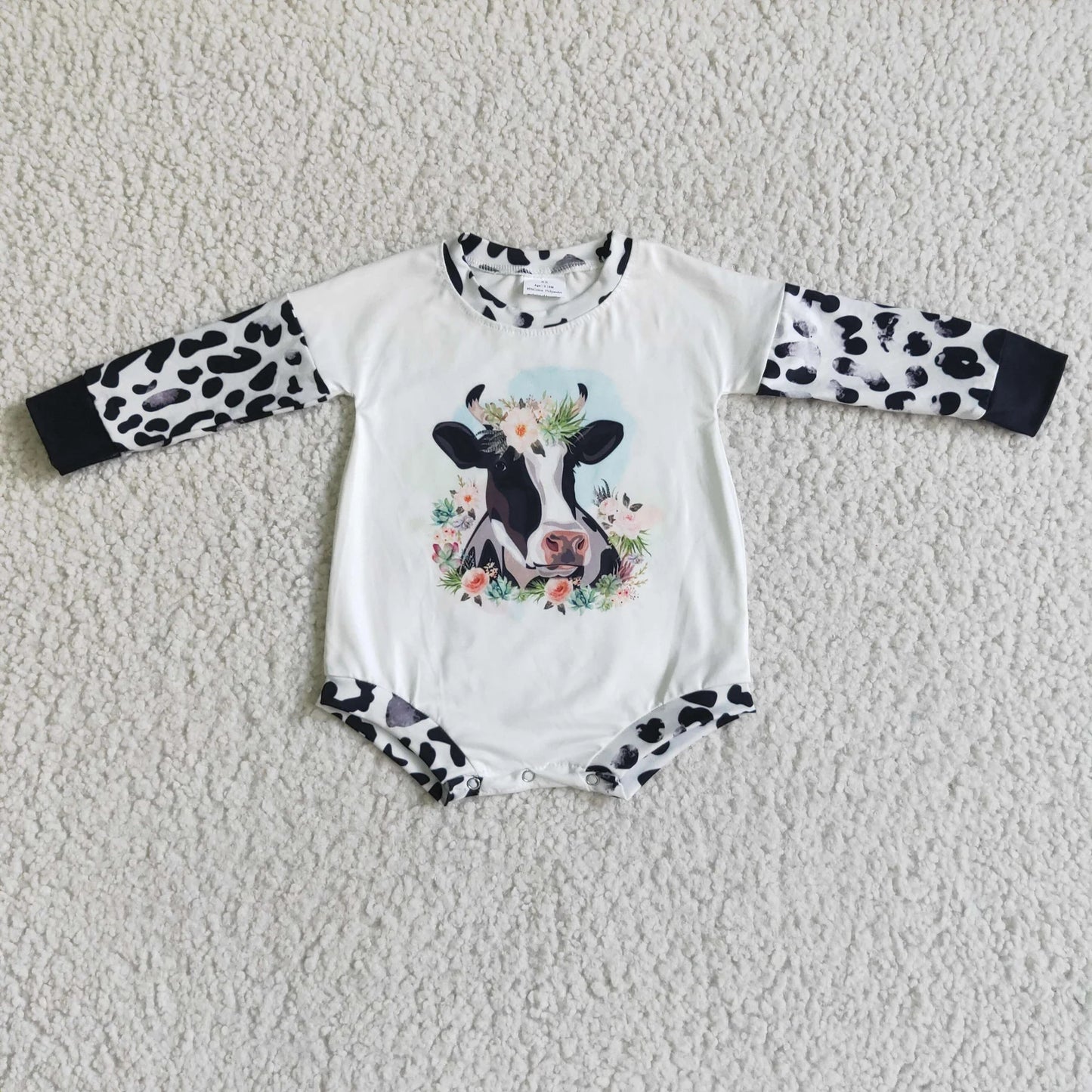 Promotion Baby Girl Long Sleeves Western Cow Flower Bubble Romper RTS