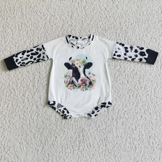 Promotion Baby Girl Long Sleeves Western Cow Flower Bubble Romper RTS