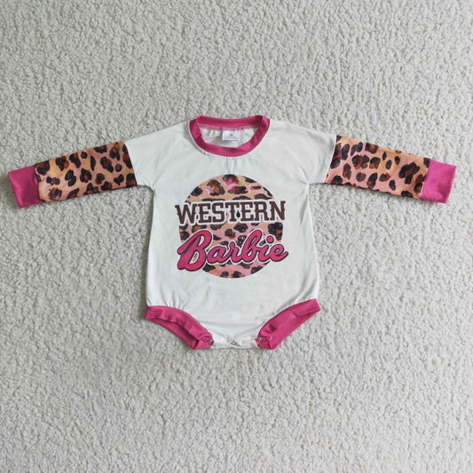 Promotion Baby Girl Long Sleeves Western Leopard Bubble Romper RTS