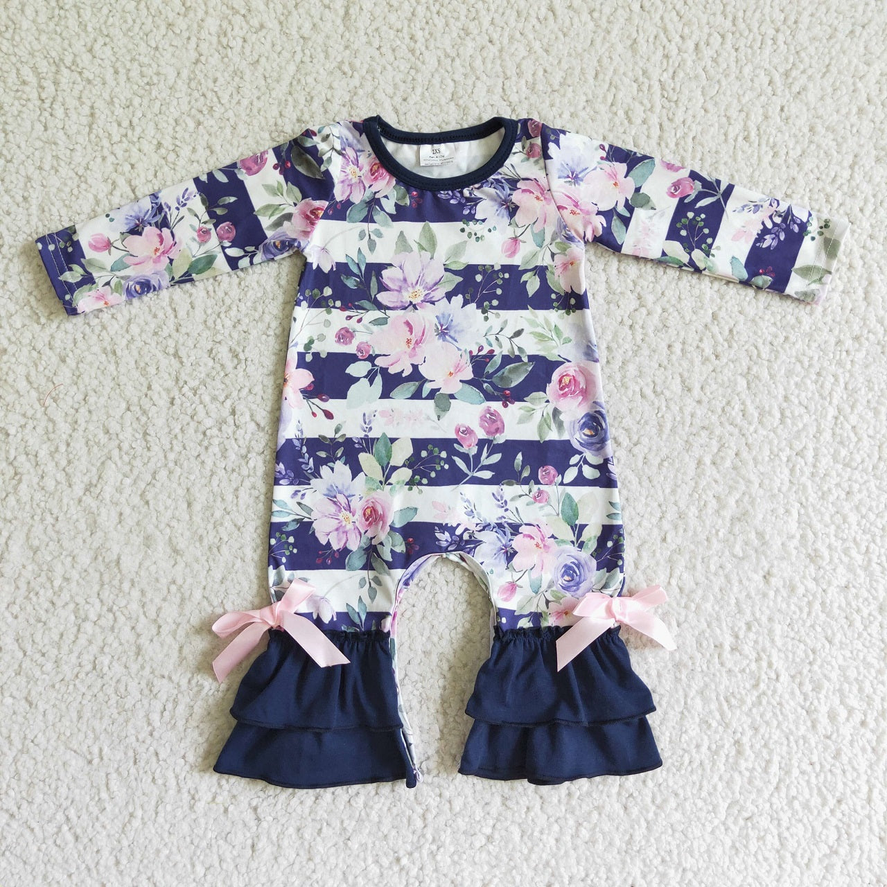 Promotion Baby Girl Long Sleeves Flower Stripes Ruffle Romper