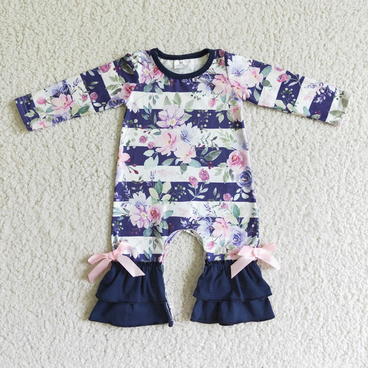 Promotion Baby Girl Long Sleeves Flower Stripes Ruffle Romper
