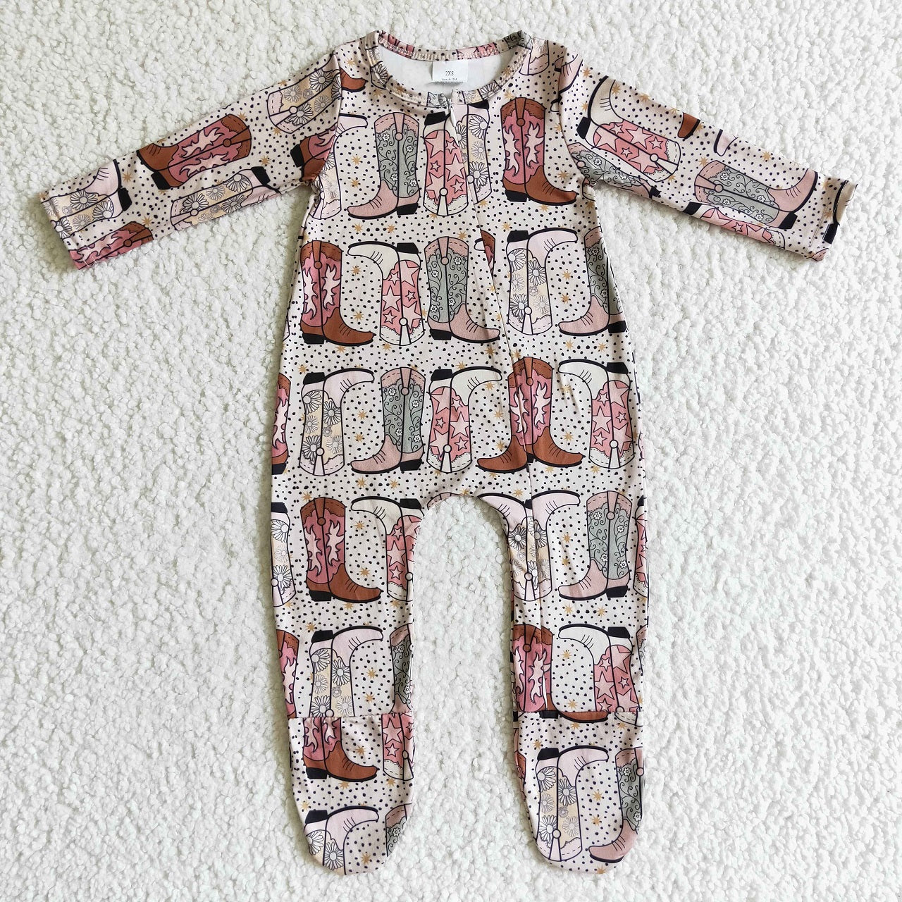 Promotion Baby Kids Newborn Long Sleeves Western Boots Footie Zipper Romper