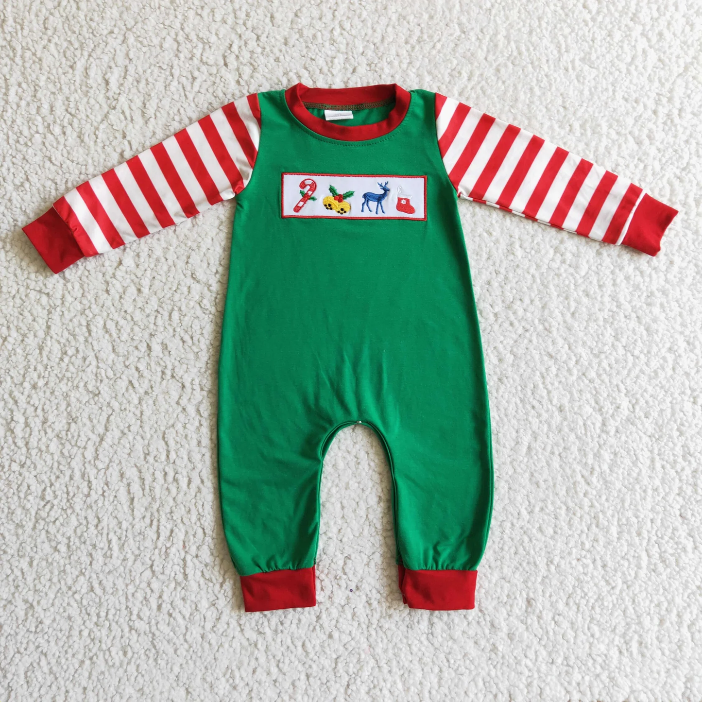 Promotion Baby Boy Stripes Long Sleeves Embroidery Christmas Green Romper