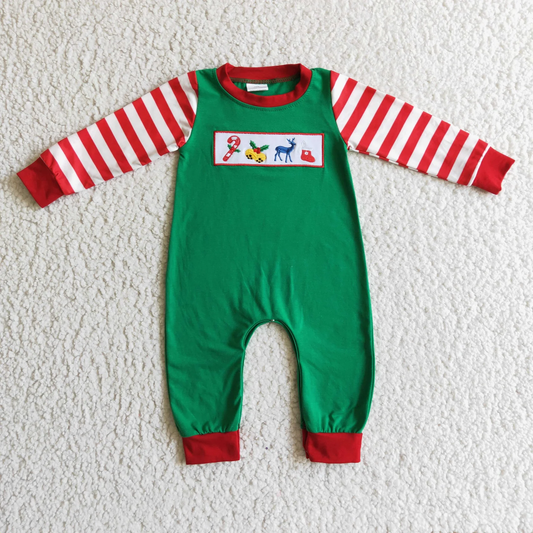 Promotion Baby Boy Stripes Long Sleeves Embroidery Christmas Green Romper