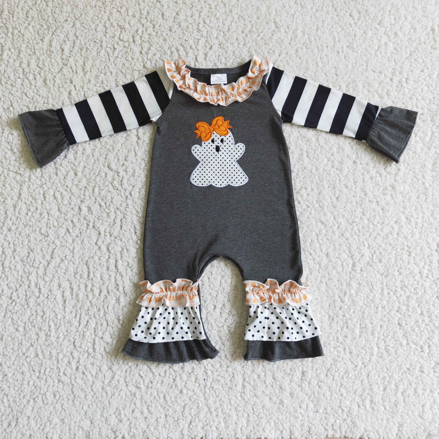 Baby Girls Kids Embroidery Ghosts Stripes Halloween Ruffle Romper Set Clothes RTS