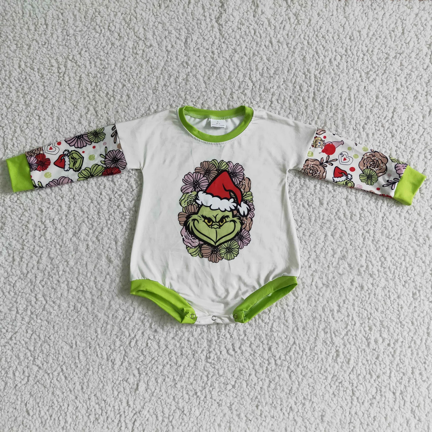 Promotion Baby Girls Infant Long Sleeves Green Face Flower Christmas Bubble Romper RTS