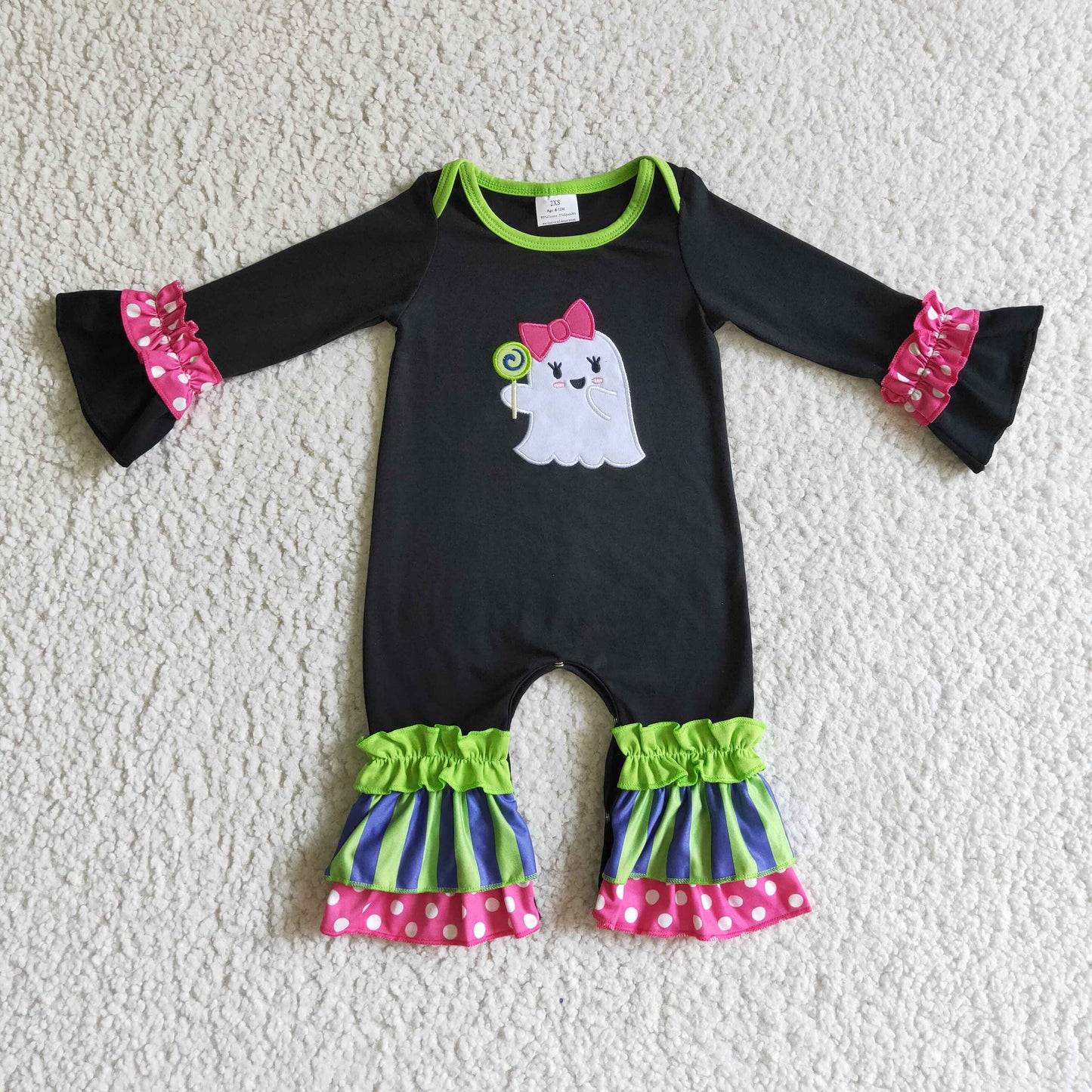 Baby Girls Kids Embroidery Ghosts Green Stripes Halloween Romper Set Clothes RTS