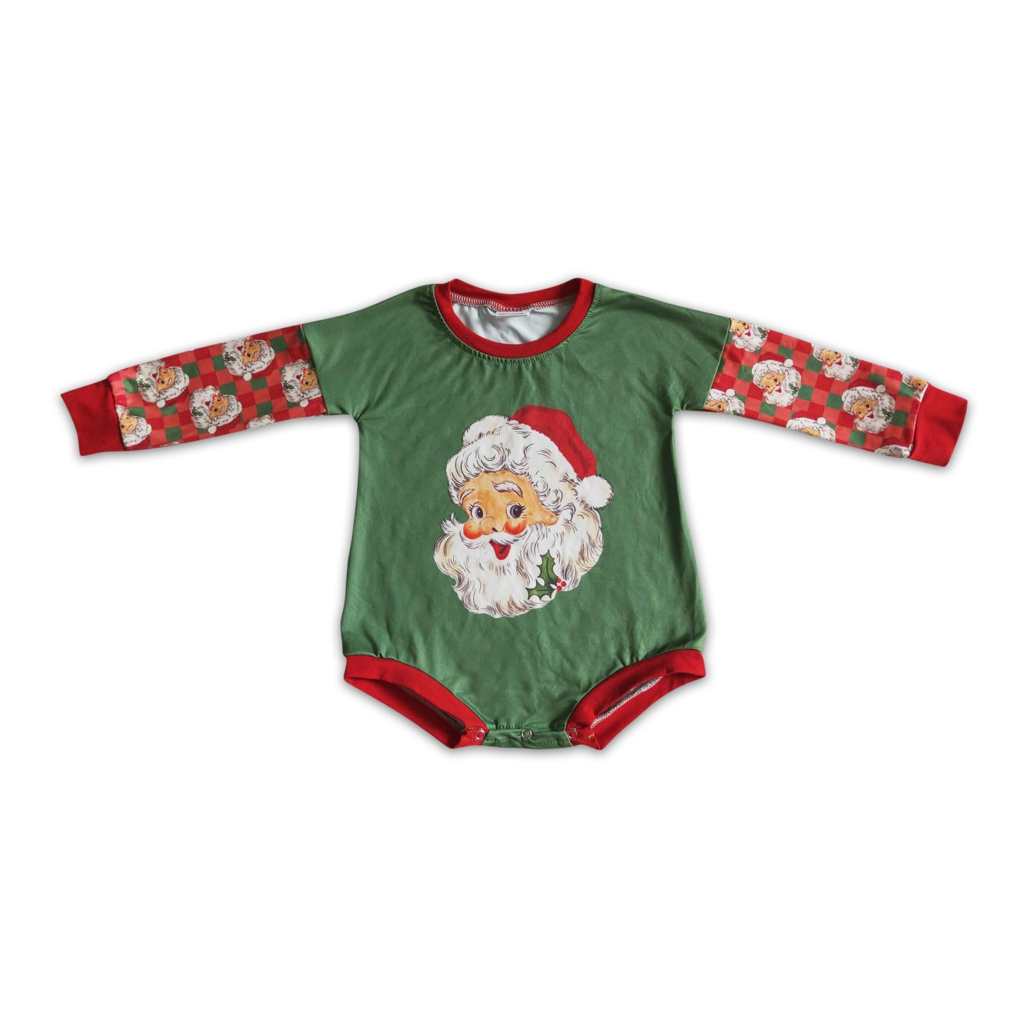 Promotion Baby Kids Infant Long Sleeves Christmas Santa Green Bubble Romper RTS