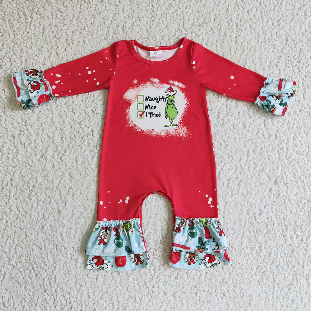 Sibling Kids Girls Long Sleeves Green Face Christmas Romper Dress Outfit Clothes RTS