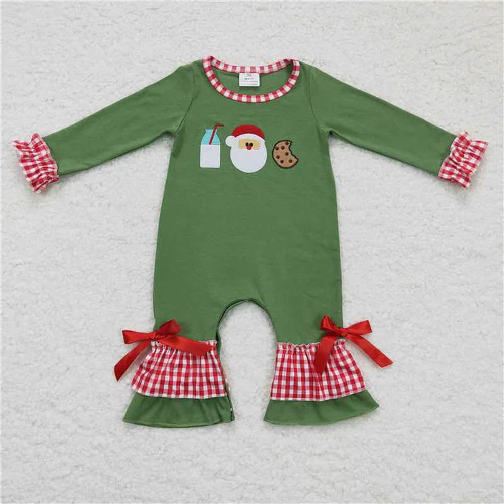 Baby Boy Girl Toddler Embroidery Milk Cookie Santa Sibling Christmas Romper Set RTS