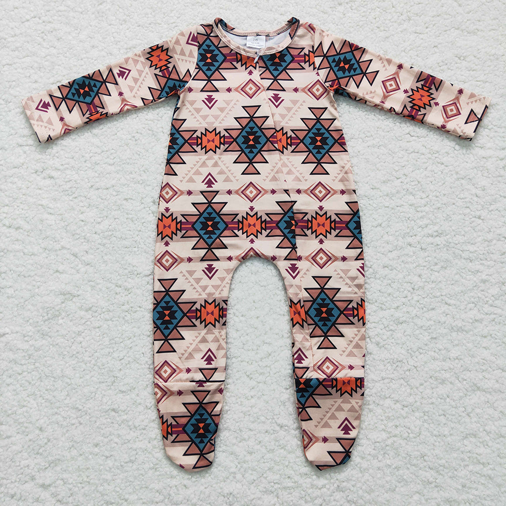 Sibling Baby Boys Long Sleeves Aztec Button Western Zipper Footie Romper Buttons Shirt RTS