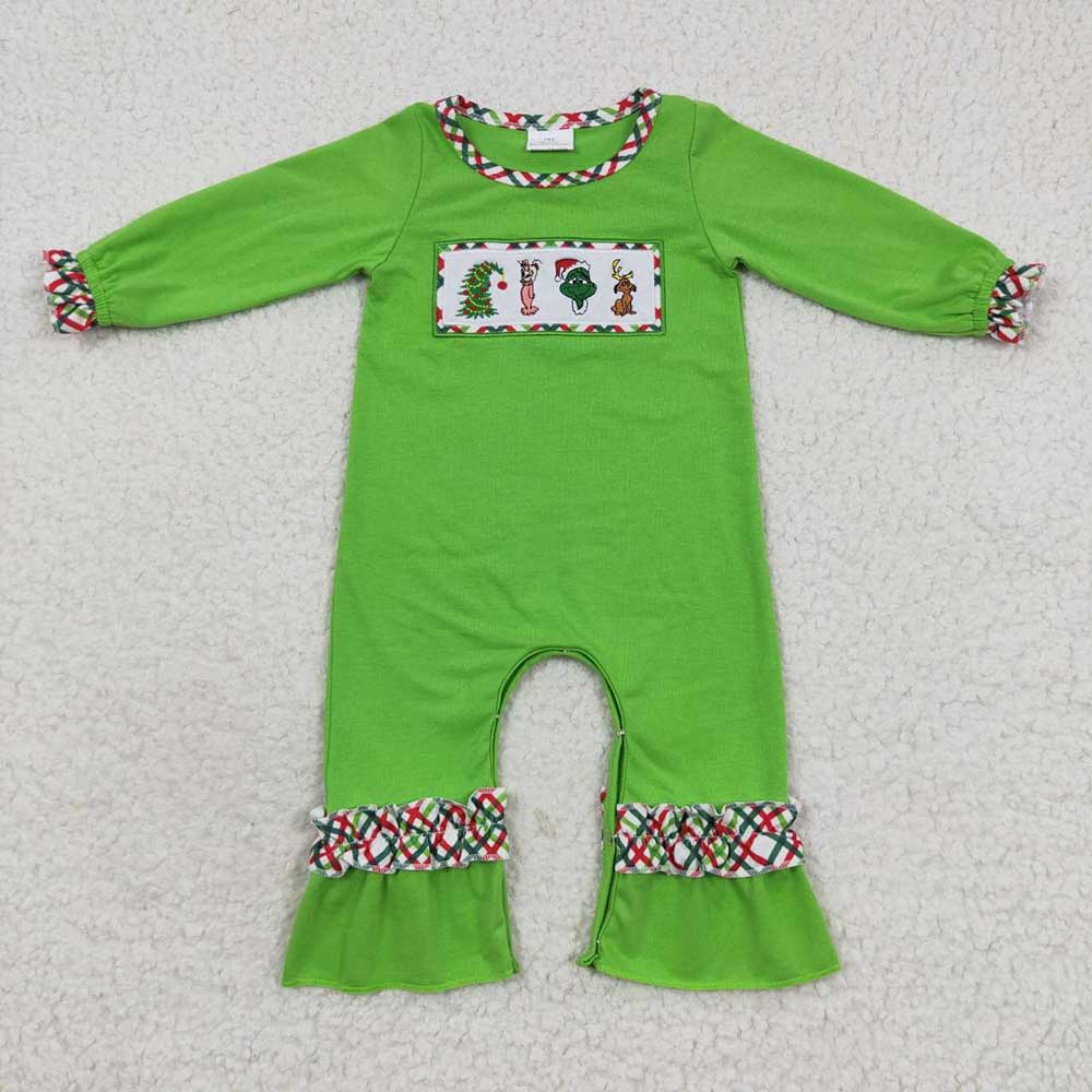 Sibling Boys Girls Long Sleeves Embroidery Green Face Christmas Romper Set Clothes RTS