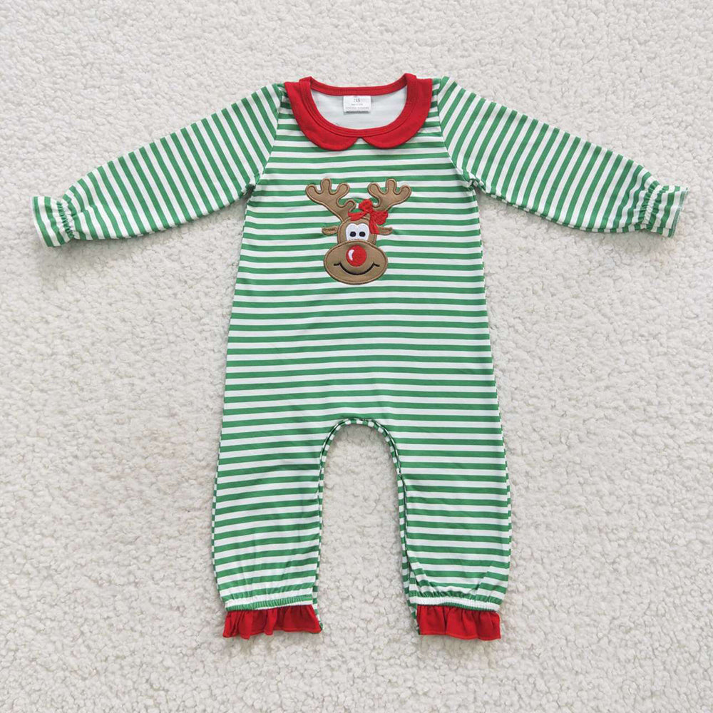 Sibling Baby Boys Girls Kids Christmas Embroidery Deer Green Stripes Romper Dress Sets RTS