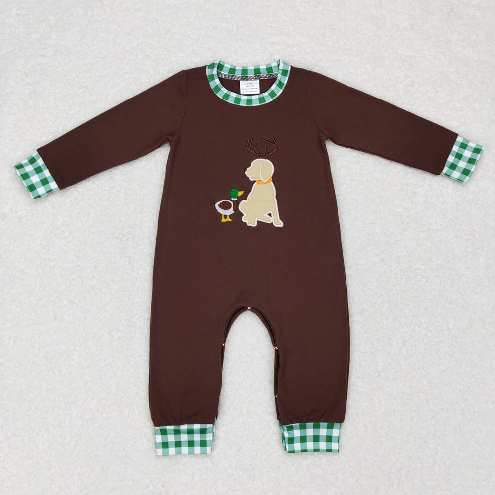 Baby Boy Girl Long Sleeves Embroidery Dog Duck Sibling Hunting Shirt Romper Clothes Set