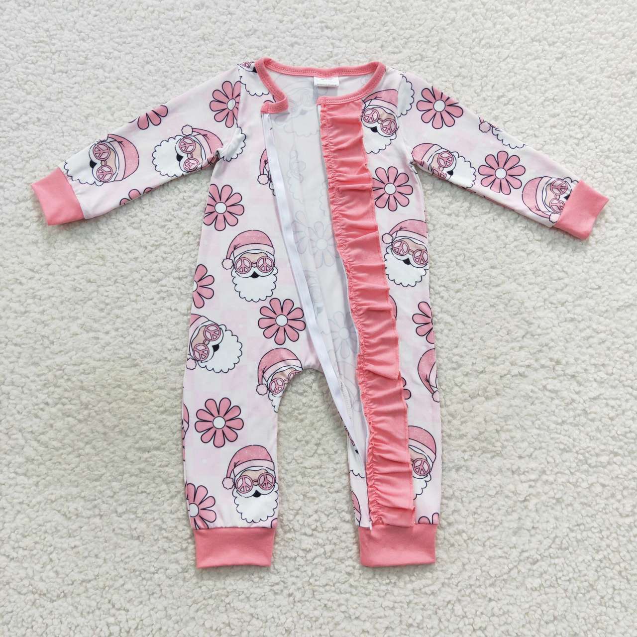 Sibling Baby Girls Infant Long Sleeves Christmas Santa Floral Zipper Romper Pajamas Set RTS
