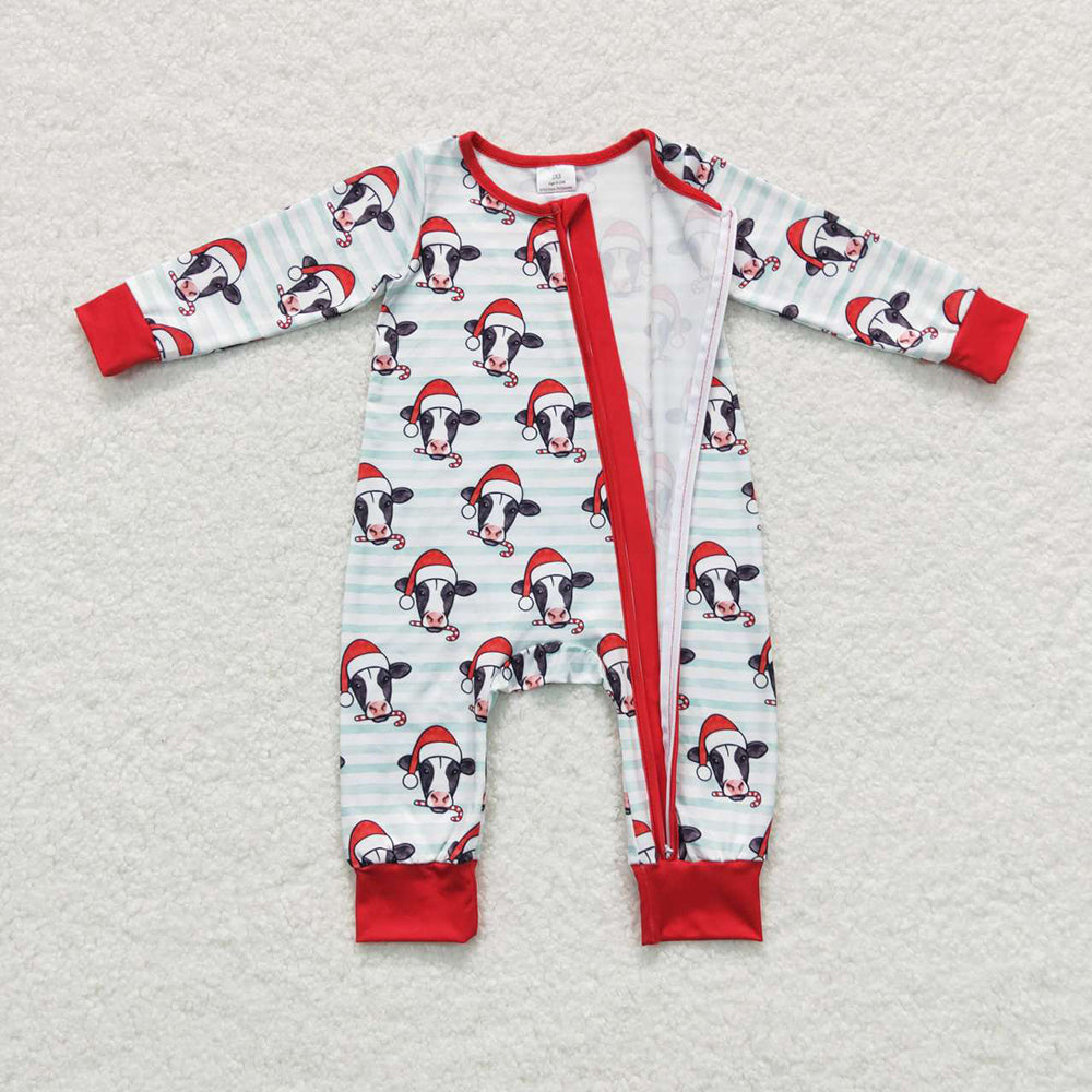 Sibling Baby Boys Long Sleeves Christmas Cow Stripes Zipper Romper Pajamas Outfit RTS