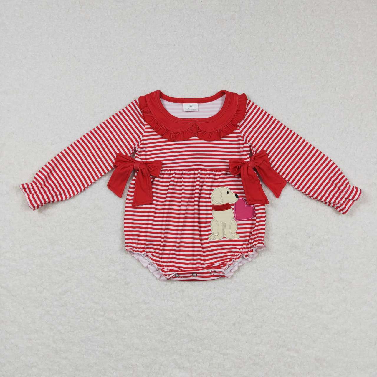 Baby Girl Valentines Embroidered Dogs Hearts Red Stripes Sibling Romper Dress Clothes Set