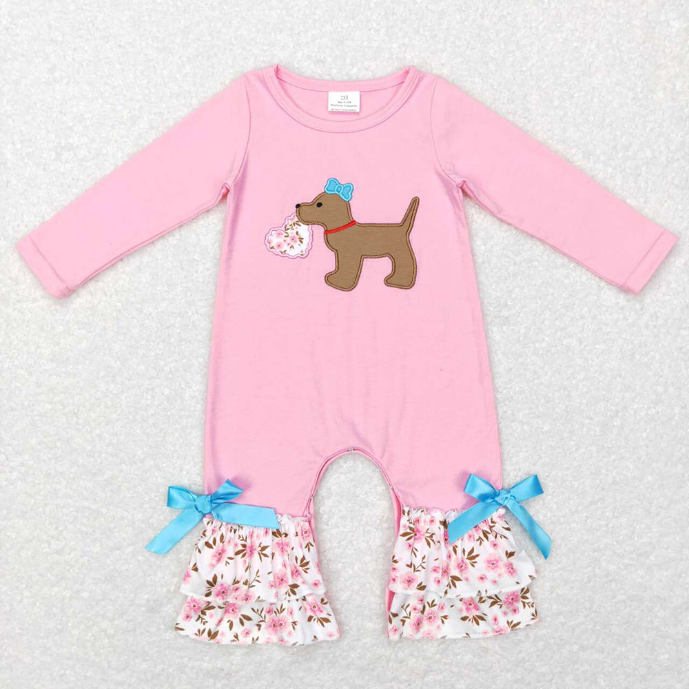 Sibling Baby Girls Valentine's Day Embroidery Dogs Hearts Floral Pink Romper Outfit RTS